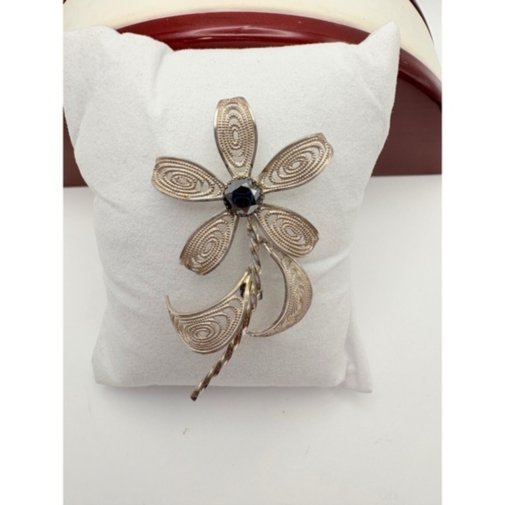 Sterling Silver Flower Brooch Dark Faceted Stone Openwork Floral Pin Vintage - Picture 5 of 11